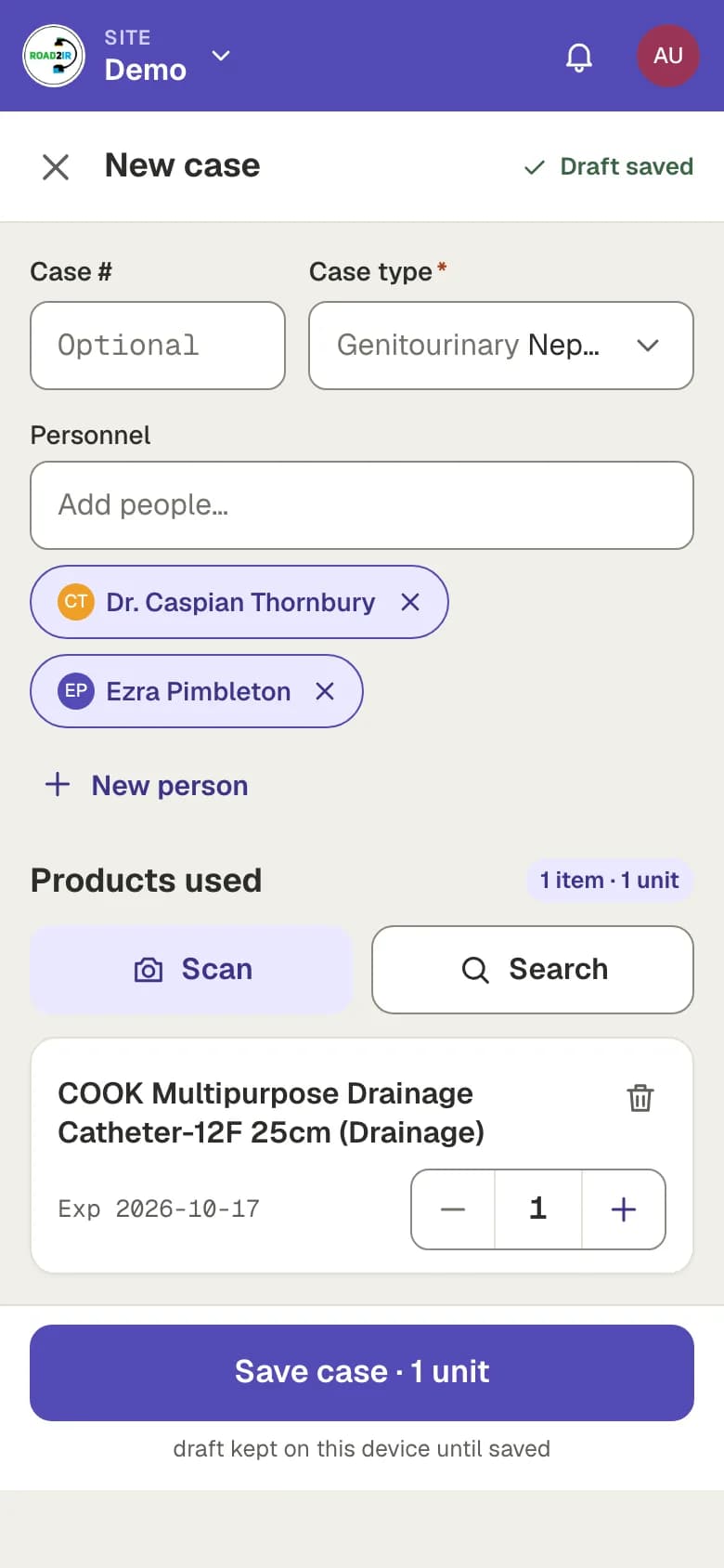 New case form: case type, two staff members, and one product used with its expiry and quantity, above Save case.