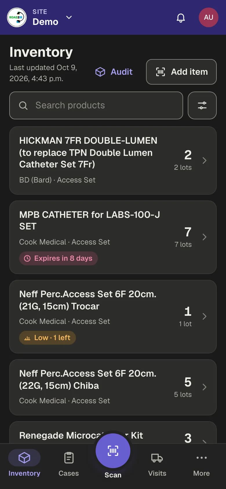 Inventory list on a phone in the dark theme.