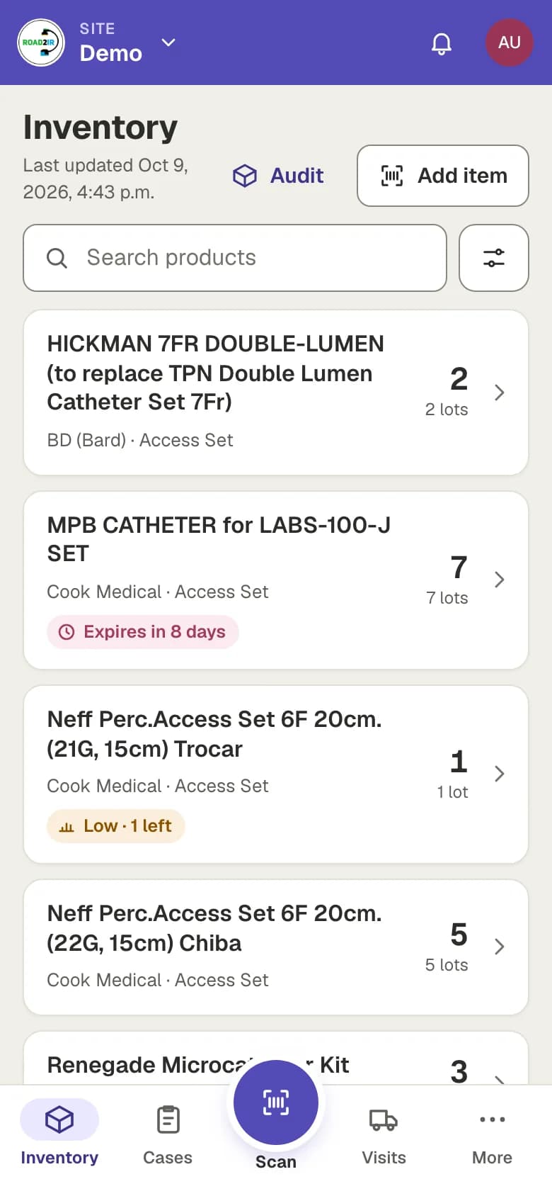 Inventory list on a phone: product cards with stock counts, lot counts and badges such as Expires in 8 days and Low, 1 left, above the bottom tab bar.