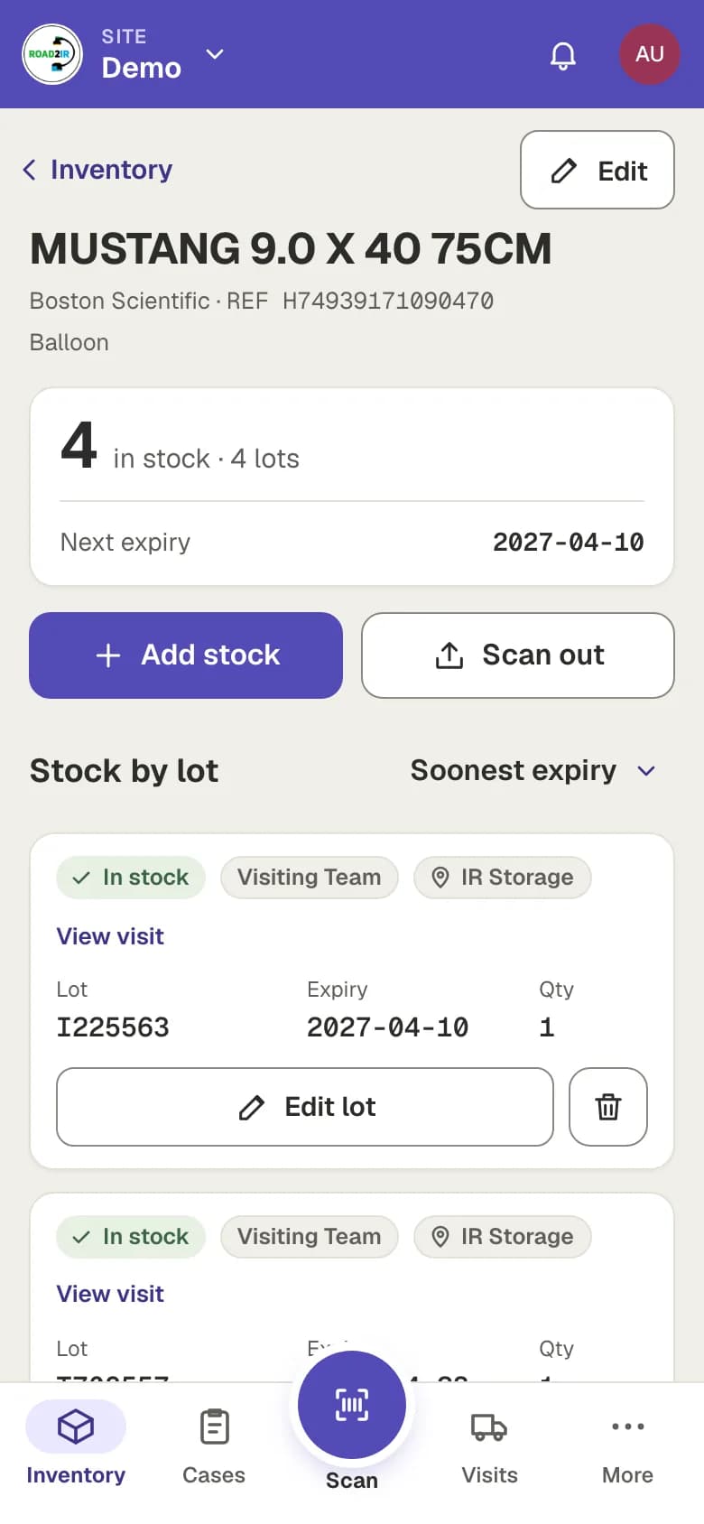 A product page: 4 in stock across 4 lots, next expiry, Add stock and Scan out buttons, and stock listed lot by lot with location.