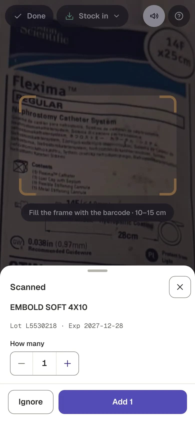 Scanned sheet over the camera: the product name, lot and expiry read from the barcode, a How many stepper, and Ignore or Add 1.