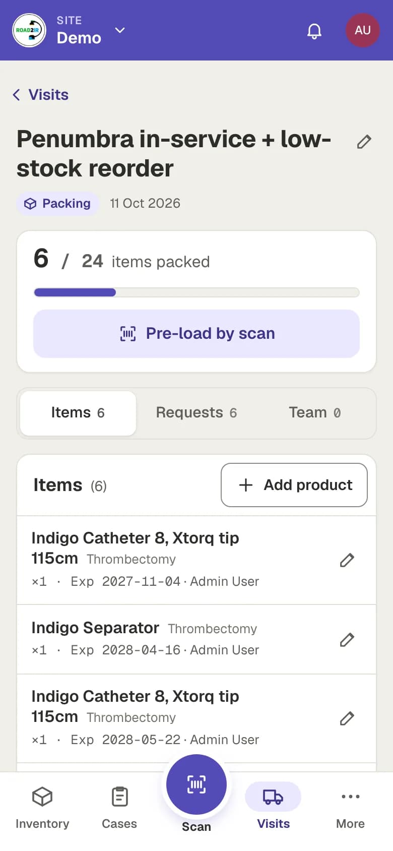 A rep visit: 6 of 24 items packed, Pre-load by scan, and tabs for items, requests and team.